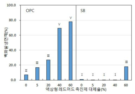 액상형 레드머드 촉진제 대체율에 따른 백화발생면적비율