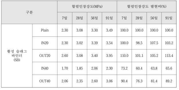 압축강도 및 압축강도 발현비 측정결과