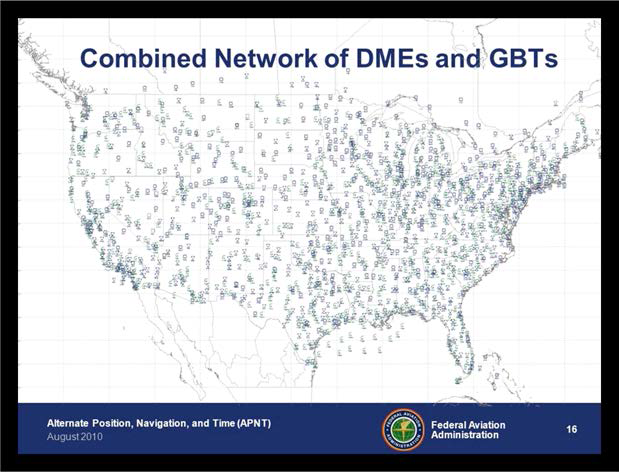 미국 전역에 설치된 1100 여개의 DME (□) 와 800 여개의 ADS-B Ground Based Transceivers (GBT, ▽)