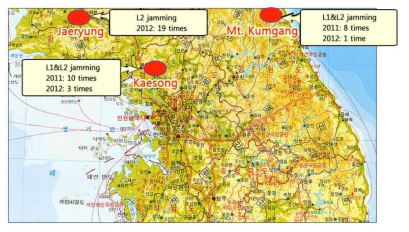 2011년도와 2012년도의 북한 GPS 교란 사례