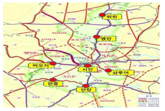 산시성‘2종 5횡 8방향’철도망 계획도