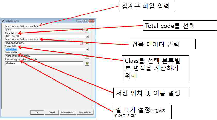 Tabulate Area 툴 화면