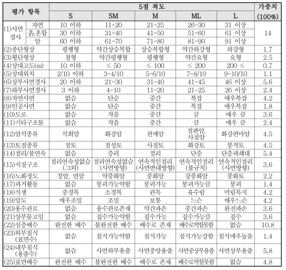 건전도 지수 평가 항목의 5점 척도