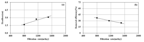 여과속도에 따른 수두손실 및 여과효율(filter depth = 5 cm)