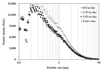 여과속도에 따른 유입원수 및 여과수의 입도분포(filter depth = 5 cm)