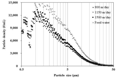 여과속도에 따른 유입원수 및 여과수의 입도분포(filter depth = 10 cm)