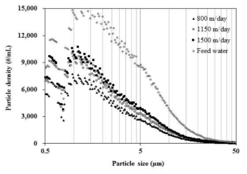 여과속도에 따른 유입원수 및 여과수의 입도분포(filter depth = 15 cm)