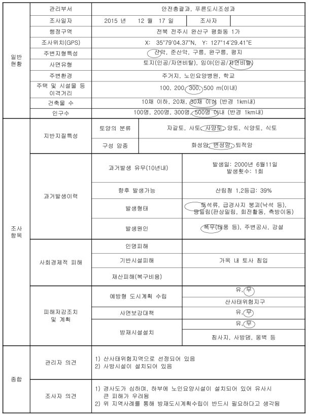 전북 전주시 완산구 평화동 1가 토사재해 현장조사표