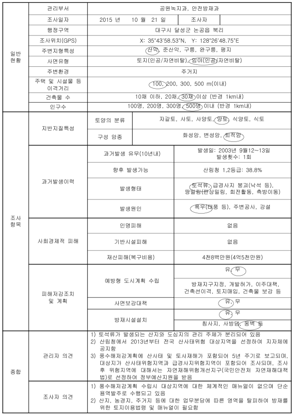 대구시 달성군 논공읍 북리 토사재해 현장조사표