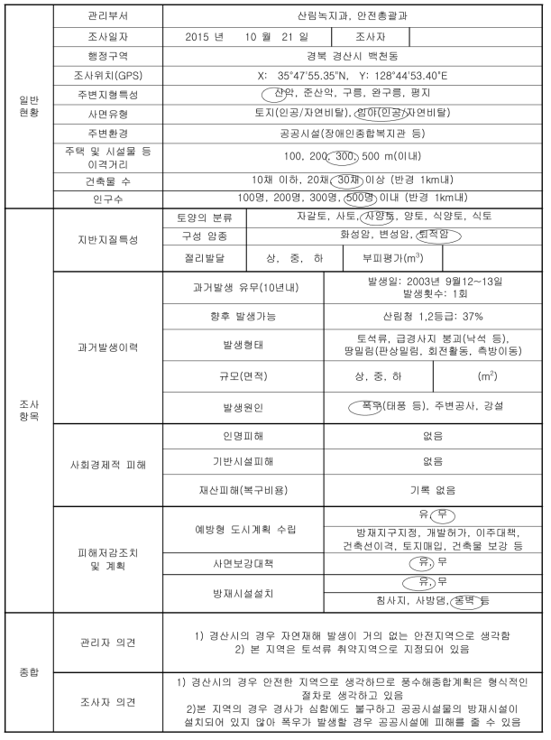 경북 경산시 백천동 토사재해 현장조사표