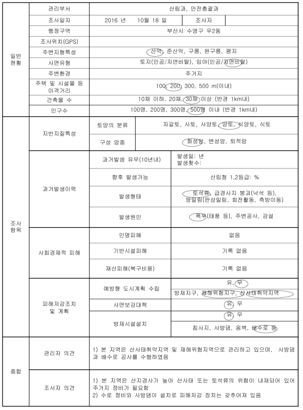 부산광역시 수영구 우2동 토사재해 현장조사표