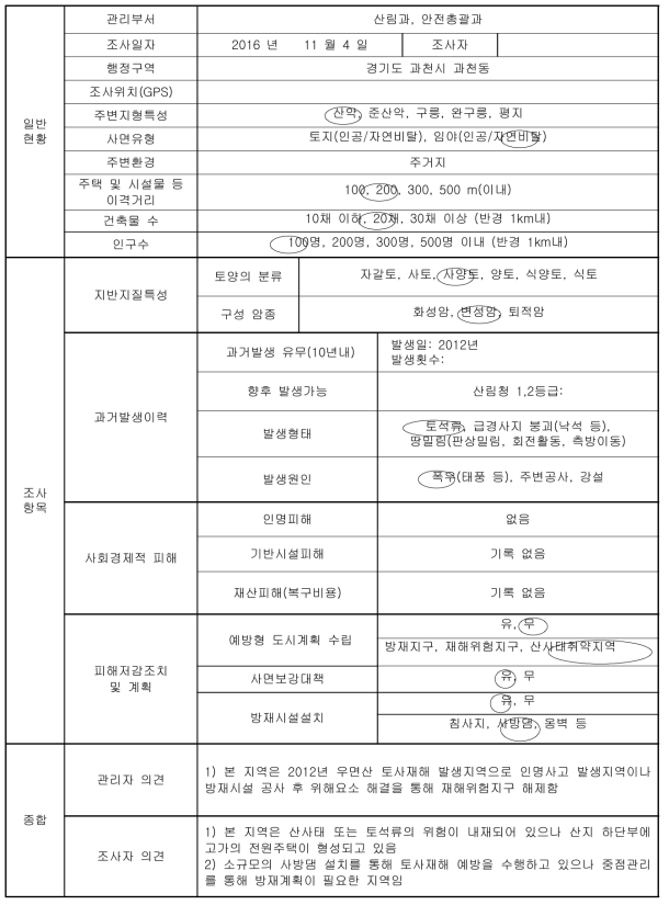 경기도 과천시 과천동 토사재해 현장조사표