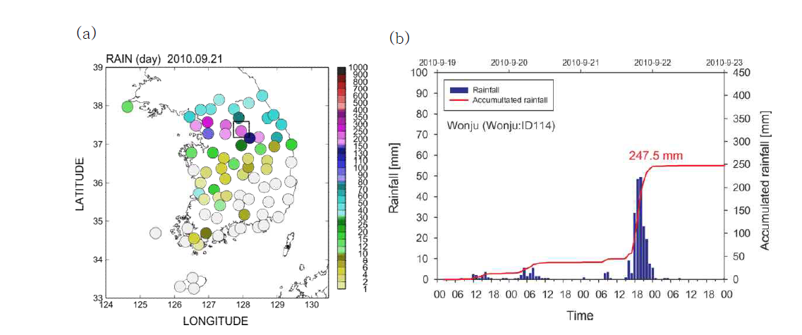2010년 9월 21일 토사재해 유발 강우사상 선행 24시간 강우 공간분포 패턴(a)과 토사재해 고위험지역 시간당 강우량 및 누적강우량 분포(b)