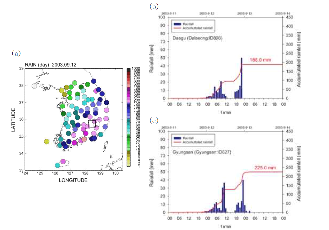 2003년 9월 12일 토사재해 유발 강우사상 선행 24시간 강우 공간분포 패턴(a)과 토사재해 고위험지역 시간당 강우량 및 누적강우량 분포(b)