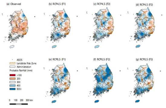 Spatial pattern of the probable precipitation under 30-year return periods by HadGEM2-AO model between historical and future over the South Korea and its landslide risk zones. (a) indicates observed probable precipitation, (b) to (d) show probable precipitation of the future 1 to 3 under RCP4.5, and (e) to (g) show RCP 8.5, respectively