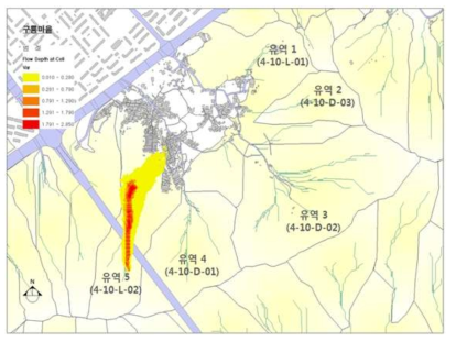 FLO-2D를 이용한 서울시 ○○마을 토석류 위험 지역 예시