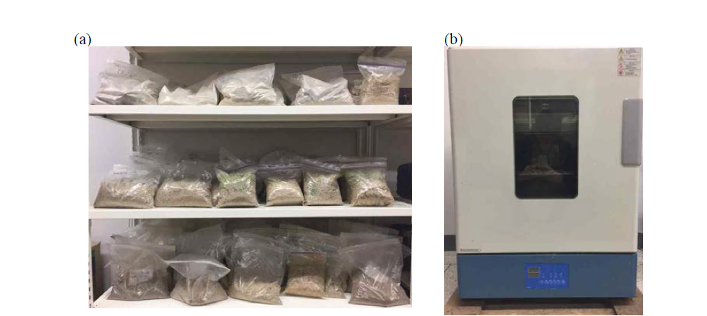채취시료 (a): 시료 샘플; (b): 항온항습기
