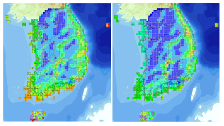 우리나라 풍력 자원지도 (기상청) (좌: 고도 30m에서의 평균풍속, 우: 고도 30m에서의 풍력밀도)