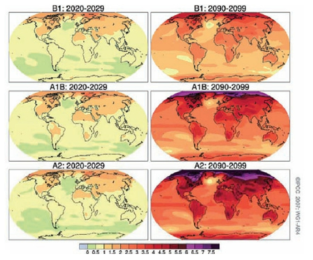 3개 기후변화 시나리오에 입각한 온도 상승 전망 (단위: ℃) 자료: IPCC, 2007b
