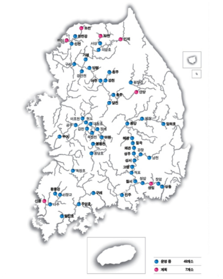 4대강 수질자동측정망 설치 현황 및 계획 자료: 환경관리공단, http://www.emc.or.kr/measure/water_01.asp