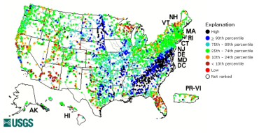 미국 USGS NWIS에서 운영하고 있는 실시간 유량 위치 지도 위 점들은 하천유량 조건을 나타낸다 자료: http://waterdata.usgs.gov/nwis/rt
