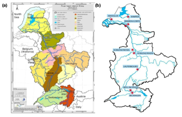 Rhine 강 유역 지도와 ICPR 모니터링망 (a) Rhine 강 유역 (자료: Moellenkamp, 2007); (b) ICPR 모니터링 위치 (자료: ICPR)