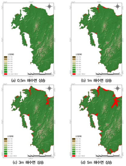 해수면 상승에 따른 충남지역 해안선의 변화 자료: 충남발전연구소(2008)