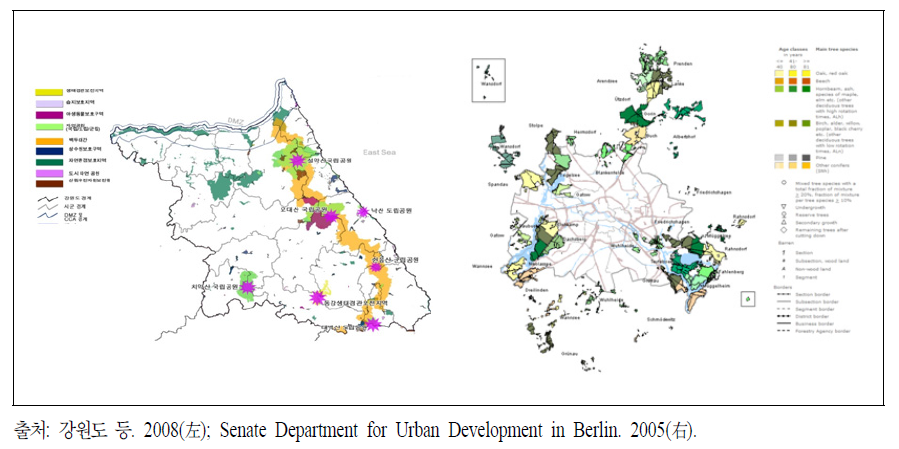 자연생태 분야 공간환경 현황 작성 사례：강원도 법정보호지역 지정 현황(左) 및 독일 베를린의 식생 영급 및 구조(右)