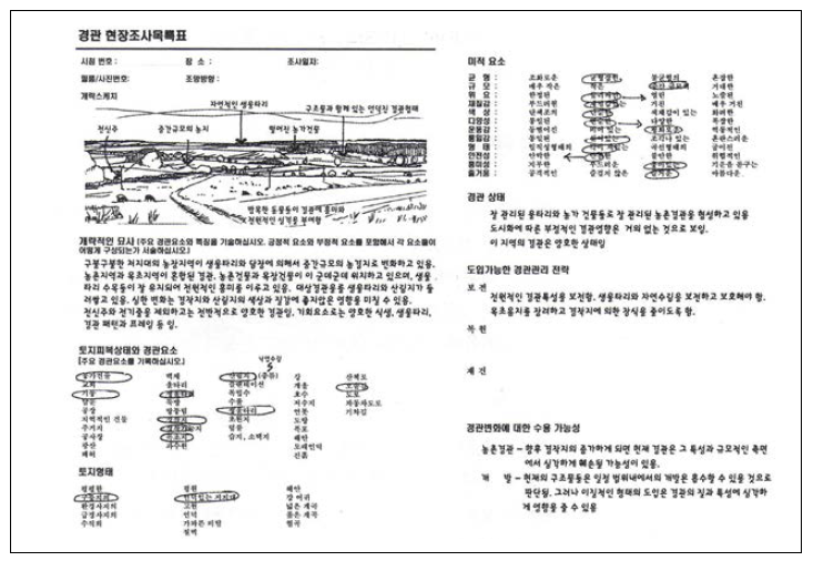 경관자원 조사 목록표 예시