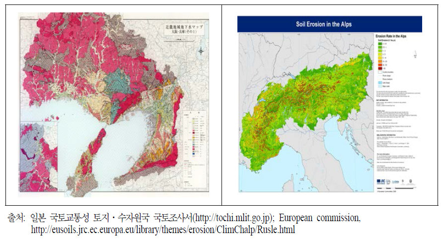 토양·지하수 분야 공간환경 현황 작성 사례(2) : 일본 오사카의 지하수 분포도(左) 및 알프스지역 토양침식도(右)