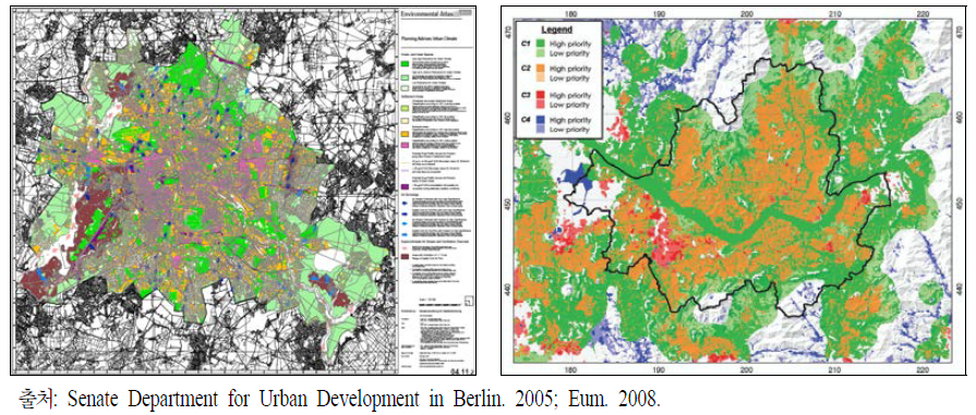 대기(미기후 포함) 분야 공간환경 관리계획 수립 사례：독일 베를린의 도시기후 공간계획(左) 및 서울시 열환경 분야 공간환경계획(右)