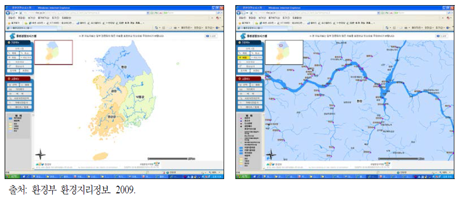 수환경(수질관리) 분야 공간환경 현황 작성 사례(1)：수계별․유역별 환경 현황도 작성 - 대권역(左) 및 소권역(右)