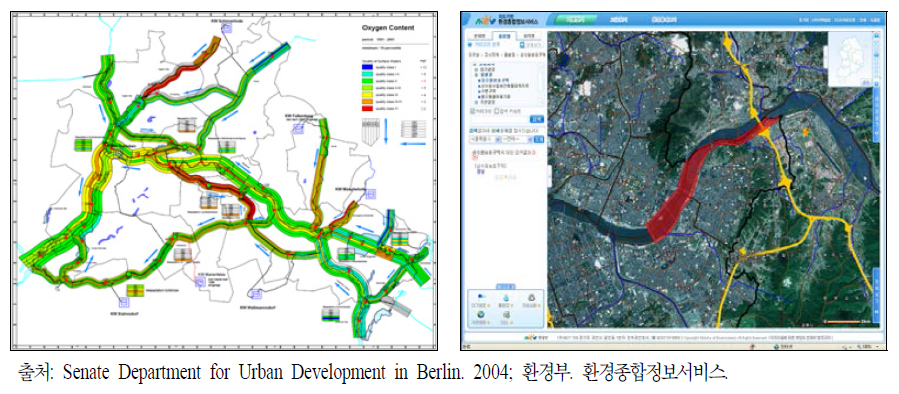 수환경(수질관리) 분야 공간환경 현황 작성 사례(2)：베를린의 지표수 특성 지도(左) 및 서울시 상수원보호구역(右)