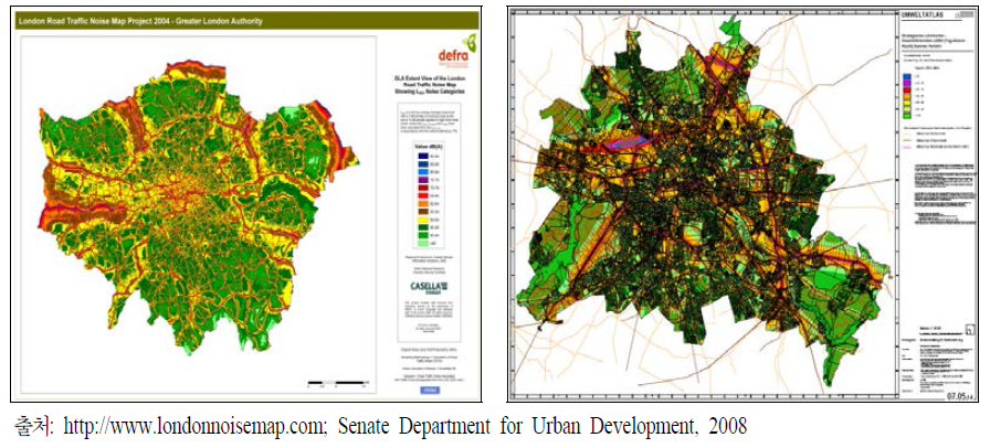 소음 분야 공간환경 현황 작성 사례：런던의 도로교통 주간 소음지도(左) 및 베를린의 종합소음지도(右)