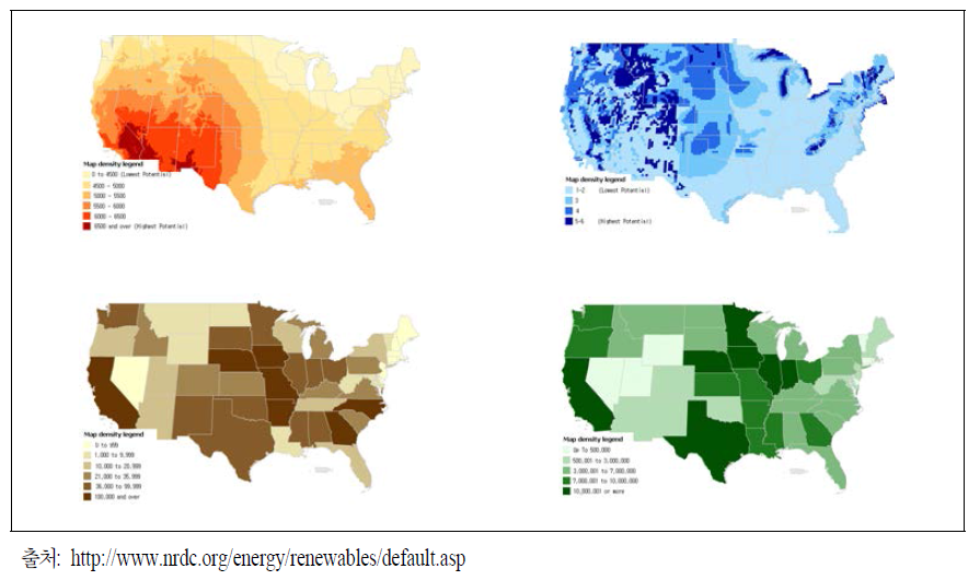 에너지 분야 공간환경 현황 작성 사례：미국의 태양에너지(左上), 풍력(右上), 바이오매스(左下) 및 바이오가스(右下)