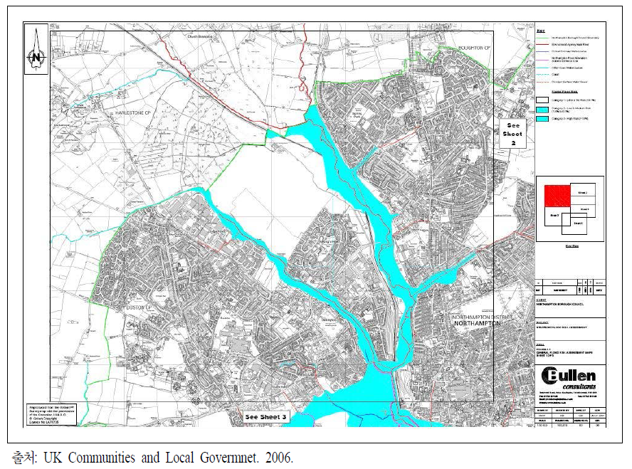 도시방재 분야 공간환경 현황 작성 사례(1)：영국의 도시 차원에서 이루어지는 전략적 홍수위험평가자료 중 홍수위험지역