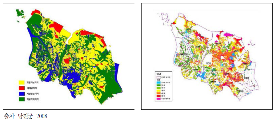 당진군 개발가능지 분석결과：개발가능지 분석기준에 의한 결과(左) 및 토지적성평가 결과(右)