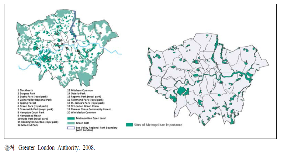 영국 런던 시 전략적 오픈스페이스 : 네트워크(左) 및 자연보전을 위한 중요지역(右)