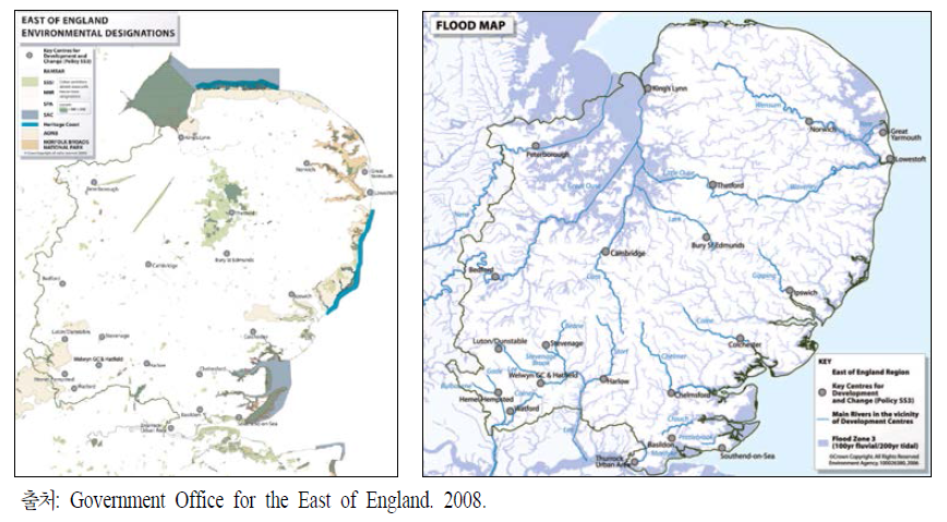 영국 East of England의 지역공간전략 : 보호지역 현황(左) 및 홍수지도(右)