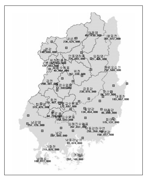 2004년 낙동강 유역 국가지하수 관측망 위치도