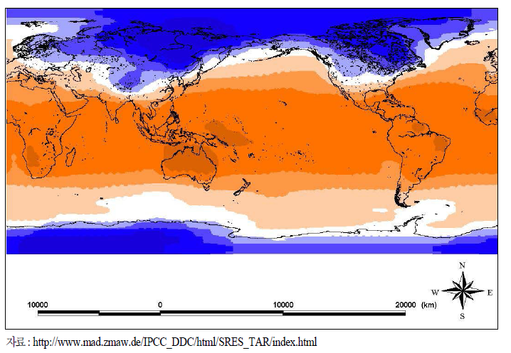 CCSR-NIES GCM A2 시나리오의 2005년 08월 평균기온
