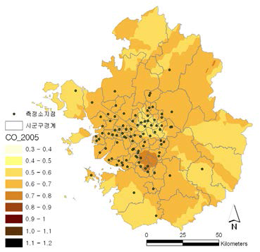 수도권 CO 농도 공간분포(2005)