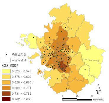 수도권 CO 농도 시/군/구별 공간분포(2007)