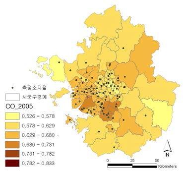 수도권 CO 농도 시/군/구별 공간분포(2005)