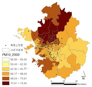 수도권 PM10 농도 시/군/구별 공간분포(2003)