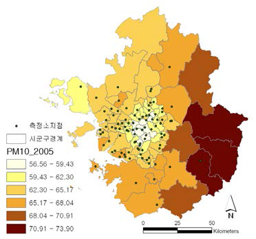 수도권 PM10 농도 시/군/구별 공간분포(2005)