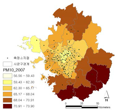 수도권 PM10 농도 시/군/구별 공간분포(2007)