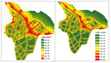 영등포구 도로교통 소음지도(좌:주간, 우:야간)