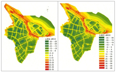 영등포구 도로교통소음의 초과소음지도(좌:주간, 우:야간)