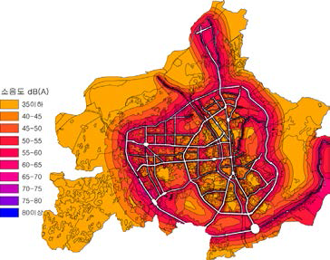 청주시의 도로교통 소음지도(주간)